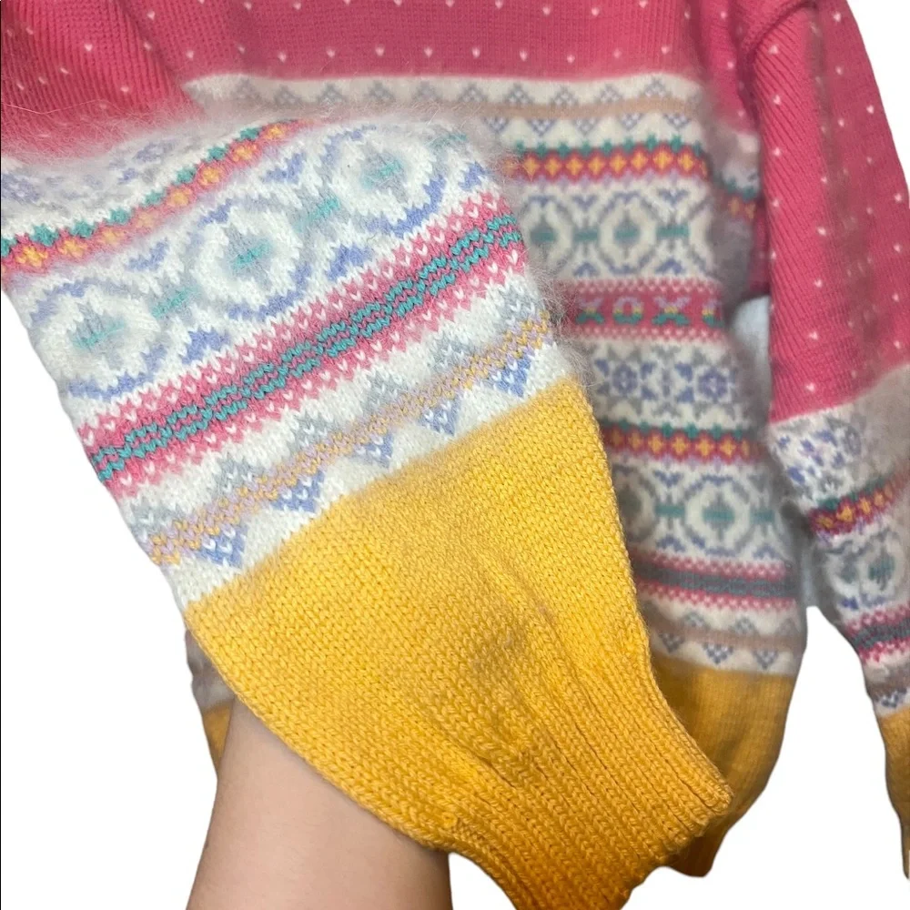Vintage Marceau Wool Angora Fair‎ Isle Sweater Fuzzy Pink Mustard Cottagecore